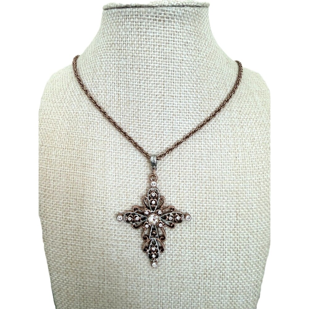 NWT 1928 Boutique Two Tone Copper & Silver Tone Filigree Cross Pendant Necklace